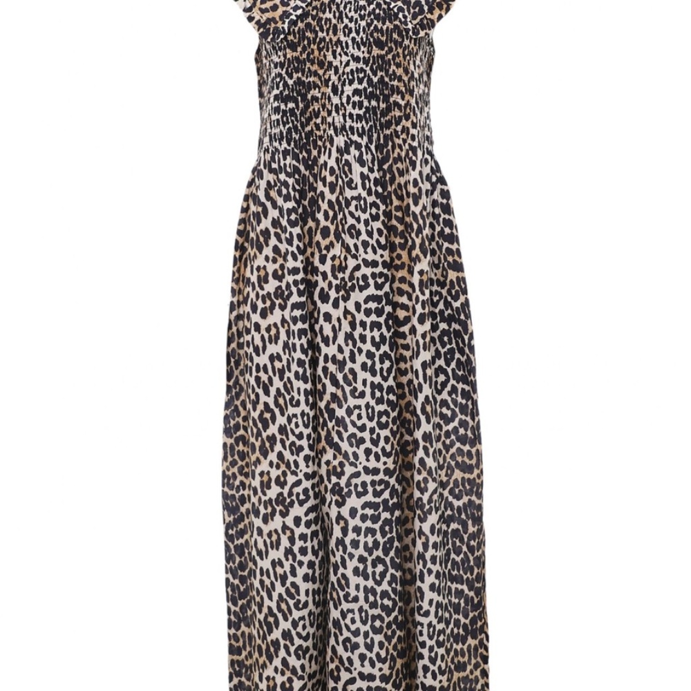 Ganni Leopard shirred collared Maxi Dress in Beige, Black, Brown silk cotton - Picture 3 of 5